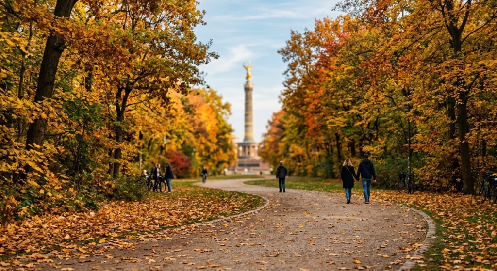 A scenic autumn afternoon in Tiergarten park, golden leaves scattered on a winding path with the Vic