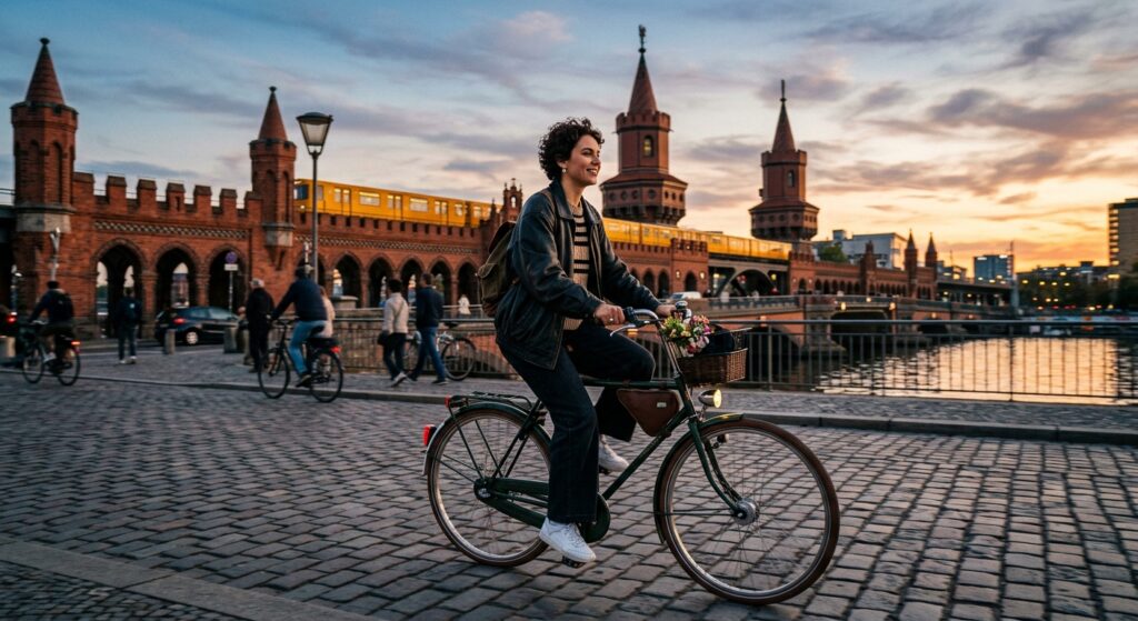 A stylized portrait of a fashionable Berliner riding a vintage bicycle across the Oberbaum Bridge, c