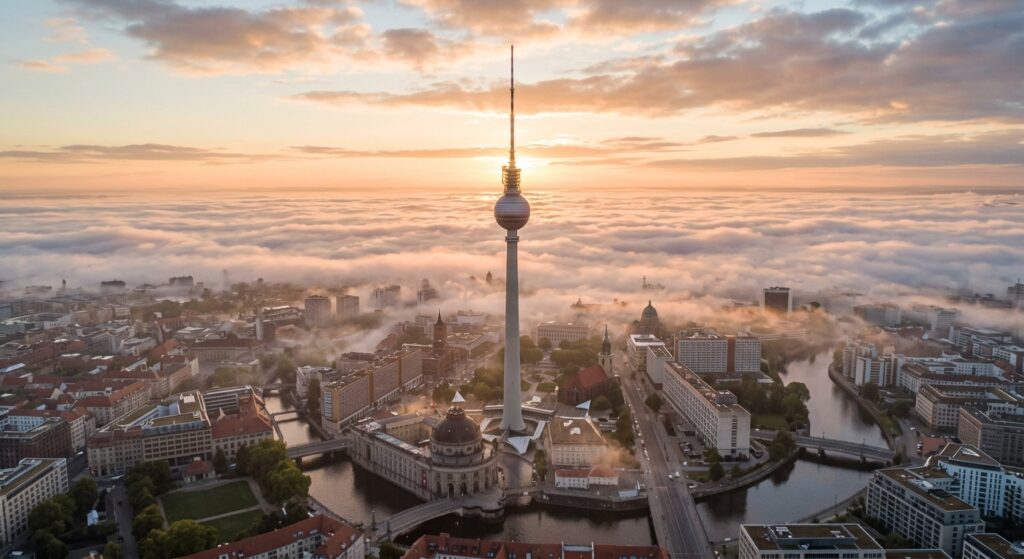 A sweeping aerial view of the TV Tower (Fernsehturm) piercing through a layer of morning mist overlo