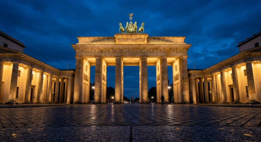 A symmetric low-angle shot of the Brandenburg Gate illuminated at twilight, deep blue sky, sharp arc
