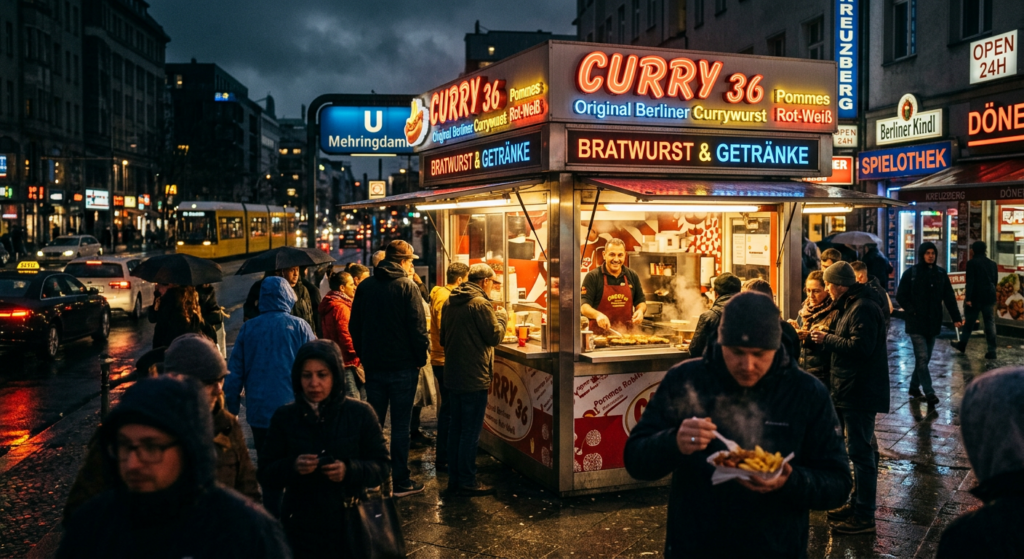 A bustling scene at a traditional Berlin street food stand selling currywurst, neon signs reflecting