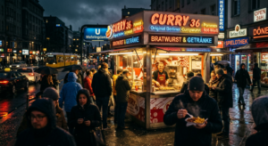 A bustling scene at a traditional Berlin street food stand selling currywurst, neon signs reflecting