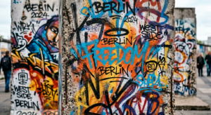 Close-up of vibrant street art on the remains of the Berlin Wall, high contrast, sharp textures of c