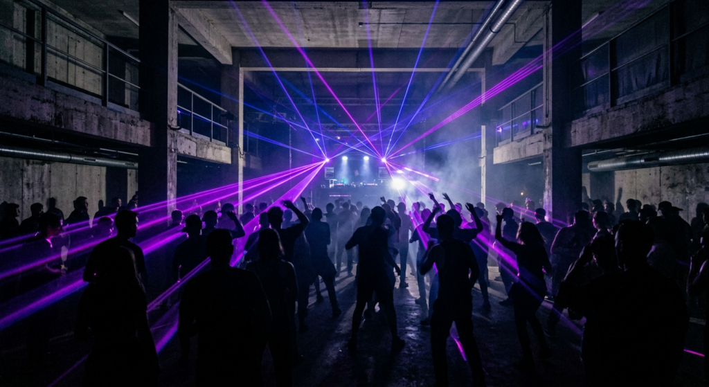 Inside a minimalist, industrial-style Berlin techno club with moody purple laser lights and silhouet