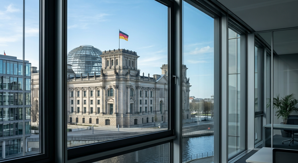 The sleek, glass-paned facade of the Reichstag building reflected in a modern office window, geometr