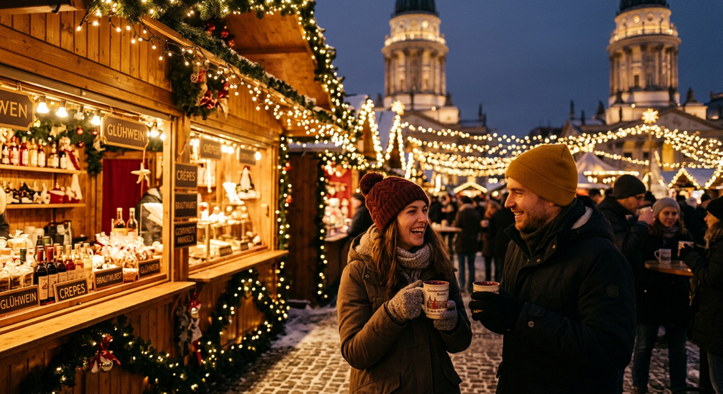 A cozy winter scene at a Berlin Christmas market, warm string lights glowing against wooden stalls,